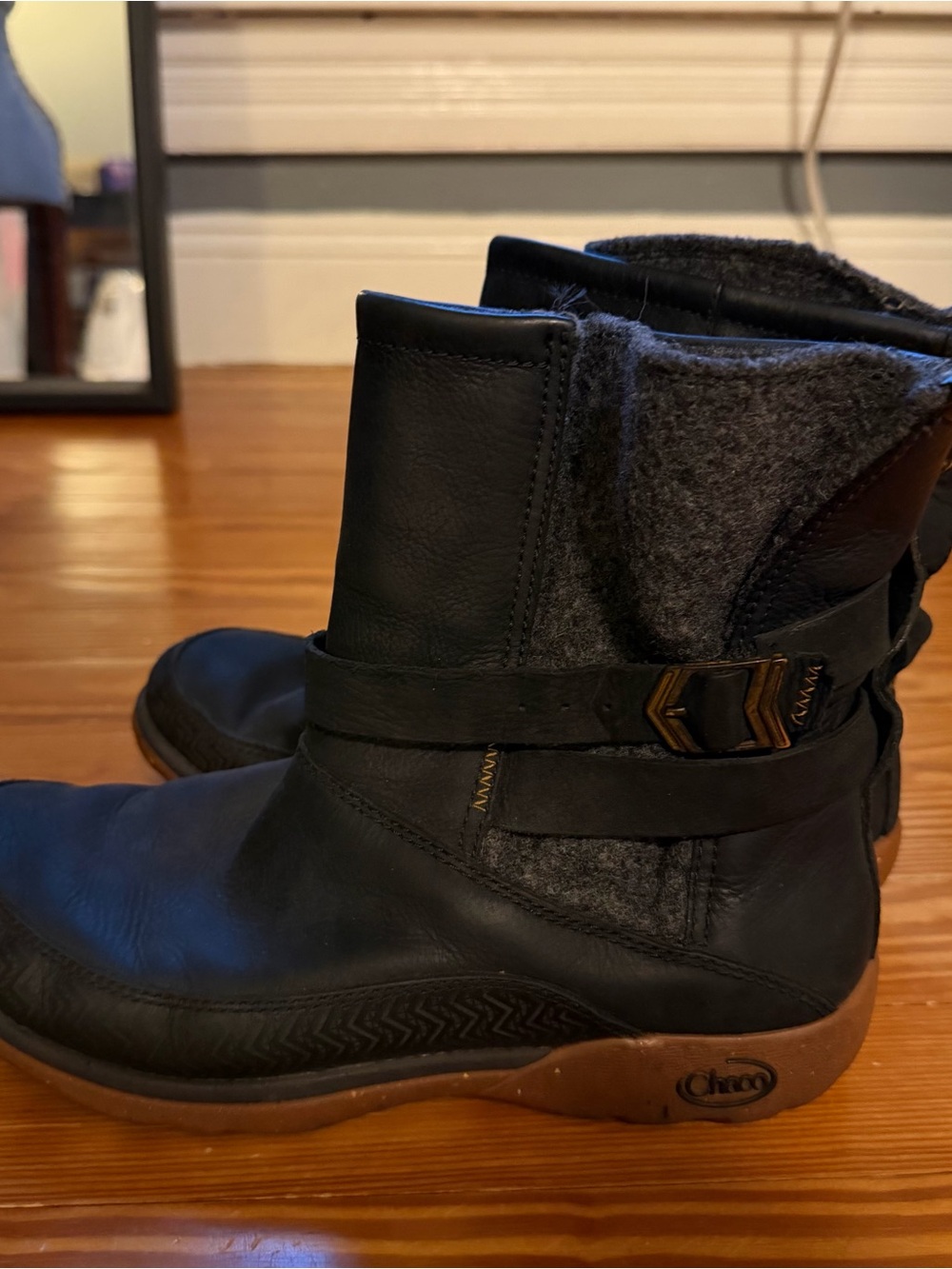 Chaco Black Leather and Gray Felt Ankle Booties with Strap Detail
